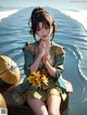 A woman in a kimono sitting on a boat in the water.